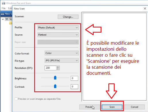 È possibile modificare le impostazioni dello scanner o fare clic su 'Scansione' per eseguire la scansione dei documenti.