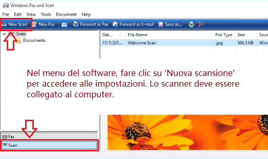 Nel menu del software, fare clic su 'Nuova scansione' per accedere alle impostazioni. Lo scanner deve essere collegato al computer.