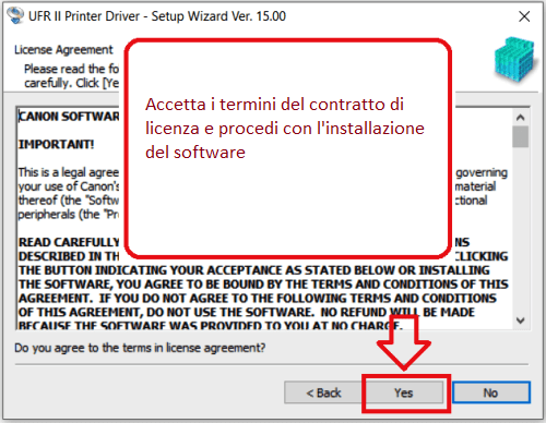 Accetta i termini del contratto di licenza e procedi con l'installazione del software.