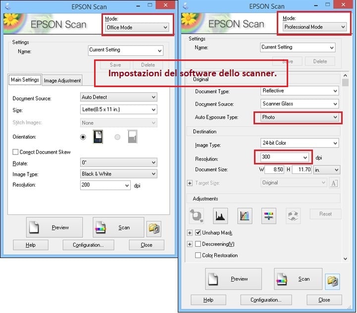 Impostazioni del software dello scanner