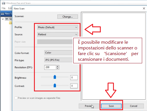 È possibile modificare le impostazioni dello scanner o fare clic su ‘Scansione’ per scansionare i documenti.