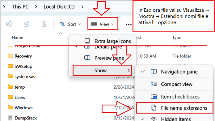 In Esplora file vai su Visualizza → Mostra → Estensioni nomi file e attiva l’opzione