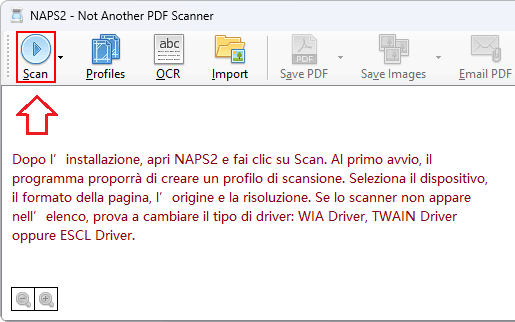 Dopo l’installazione, apri NAPS2 e fai clic su Scan